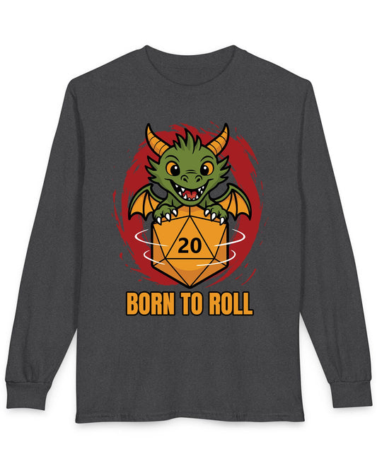 Born to Roll shirt in dark heather featuring a smiling green dragon hugging a spinning orange d20 die