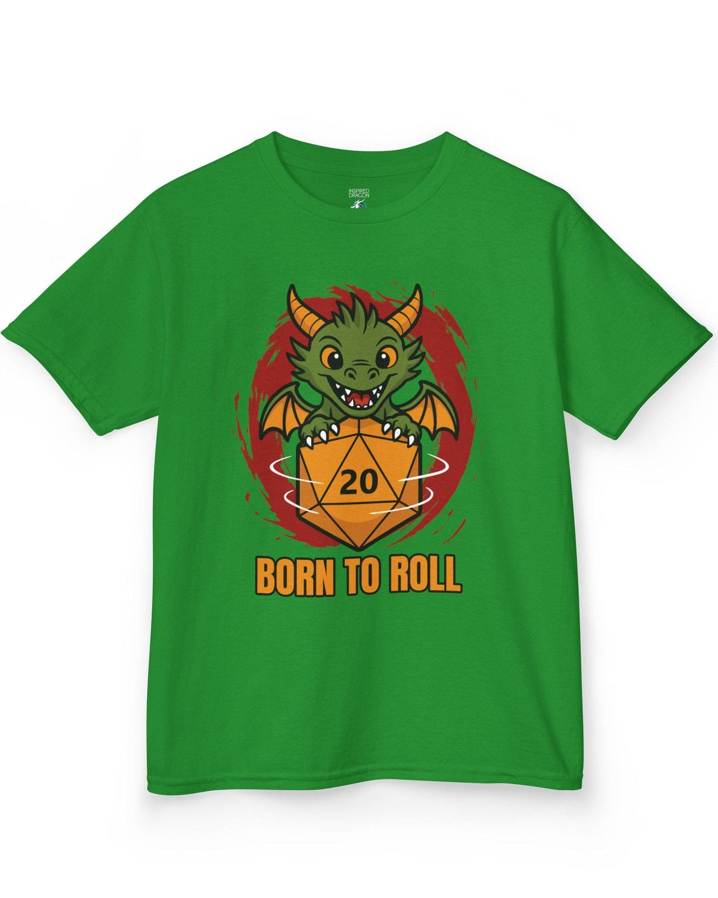Born to Roll shirt in Irish green, featuring a smiling green dragon hugging a spinning orange d20 die.