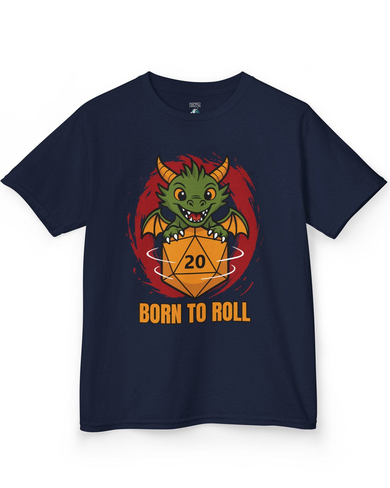 Born to Roll shirt in navy, featuring a smiling green dragon hugging a spinning orange d20 die.