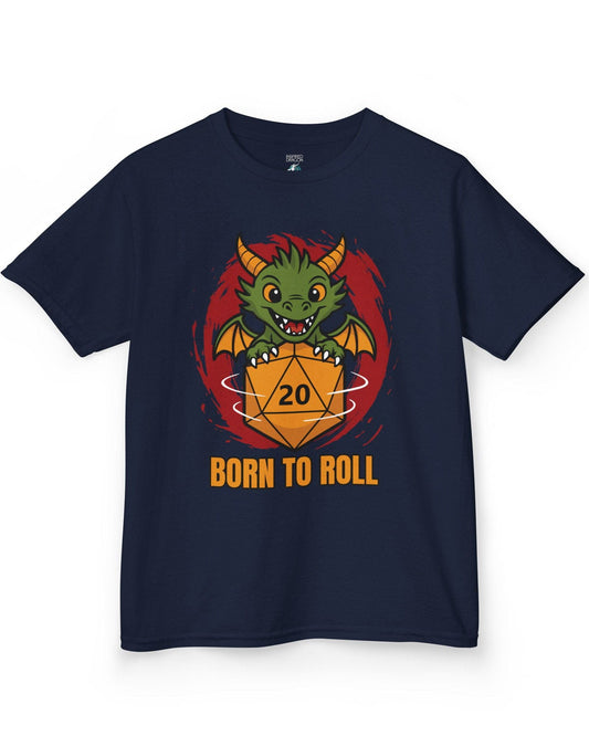 Born to Roll shirt in navy, featuring a smiling green dragon hugging a spinning orange d20 die.