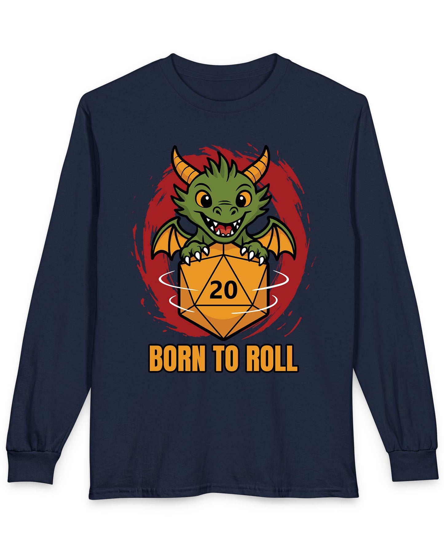 Born to Roll shirt in navy featuring a smiling green dragon hugging a spinning orange d20 die