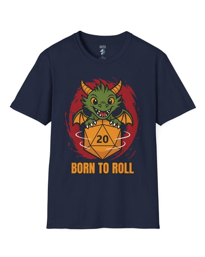 Born to Roll shirt in navy, featuring a smiling green dragon hugging a spinning orange d20 die.