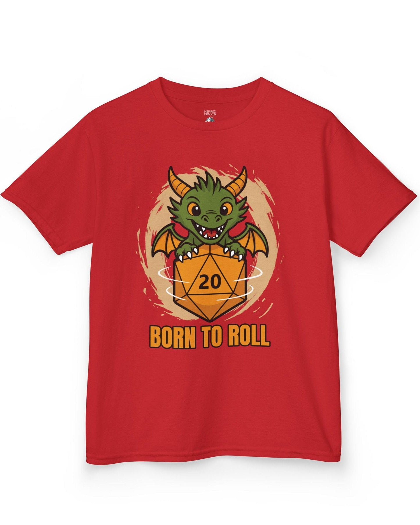 Born to Roll shirt in red, featuring a smiling green dragon hugging a spinning orange d20 die.