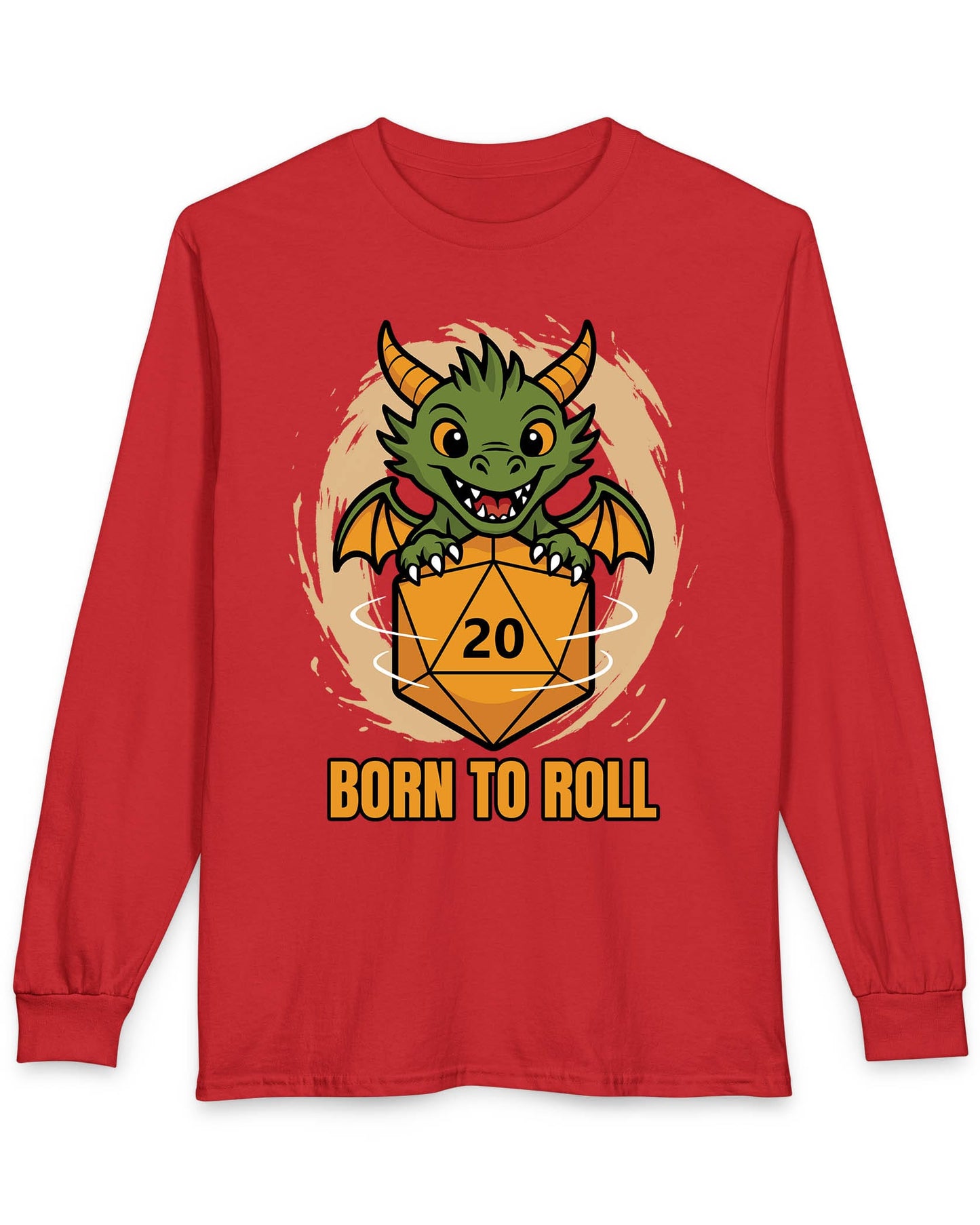 Born to Roll shirt in red featuring a smiling green dragon hugging a spinning orange d20 die