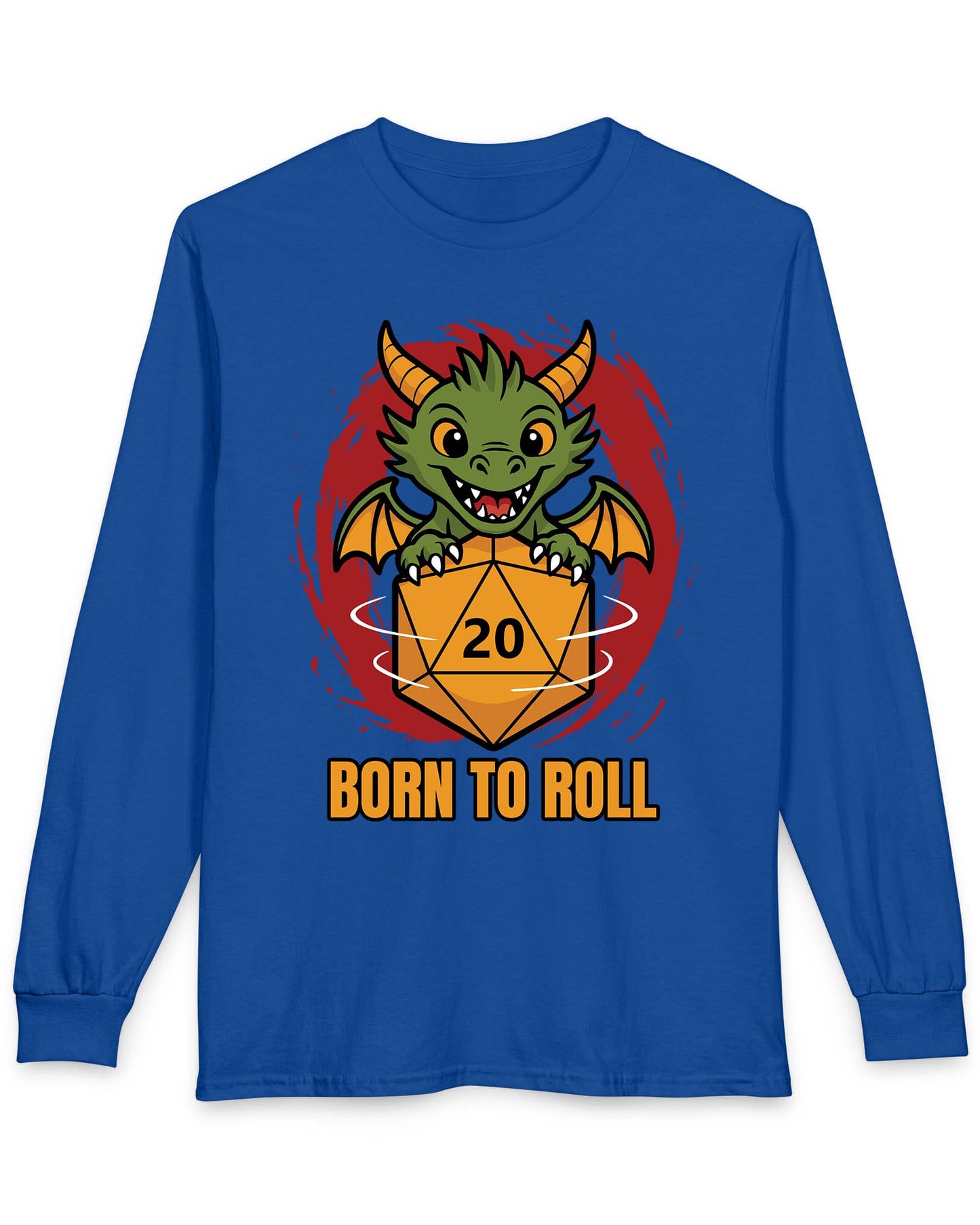 Born to Roll shirt in royal blue featuring a smiling green dragon hugging a spinning orange d20 die