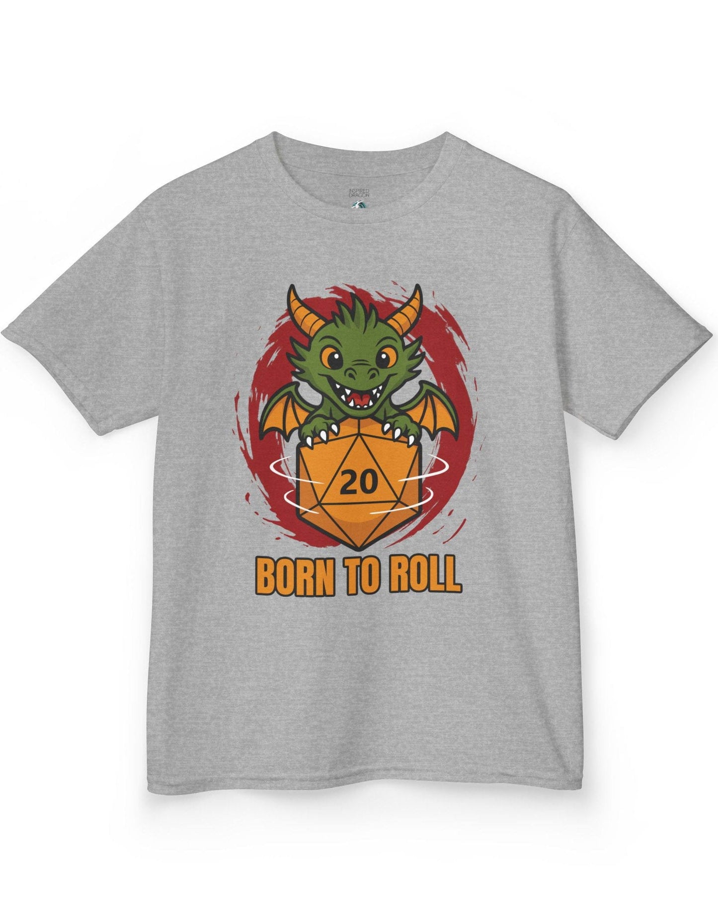 Born to Roll shirt in sport grey, featuring a smiling green dragon hugging a spinning orange d20 die.