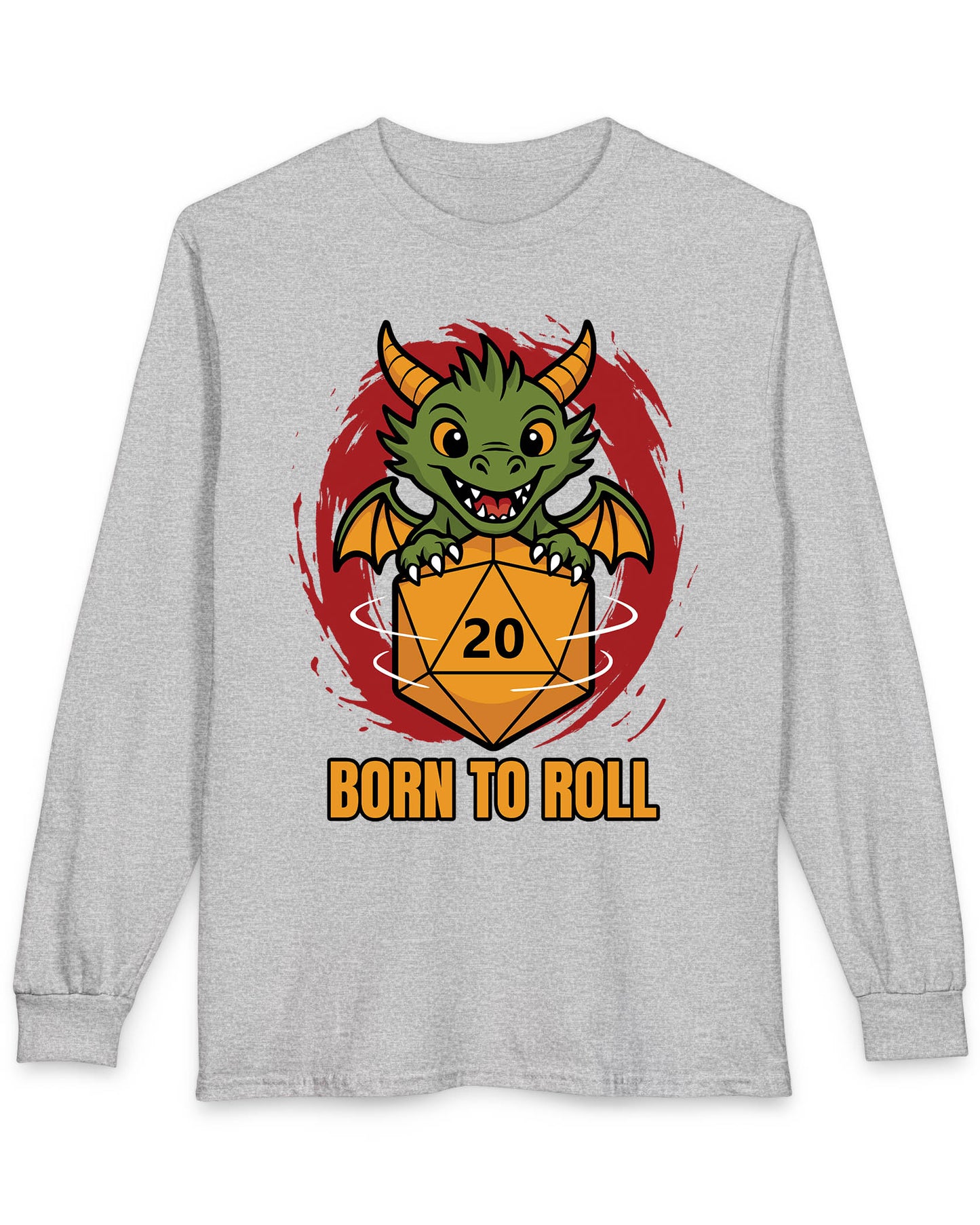 Born to Roll shirt in sport grey featuring a smiling green dragon hugging a spinning orange d20 die