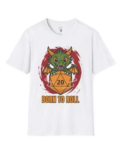Born to Roll shirt in white, featuring a smiling green dragon hugging a spinning orange d20 die.