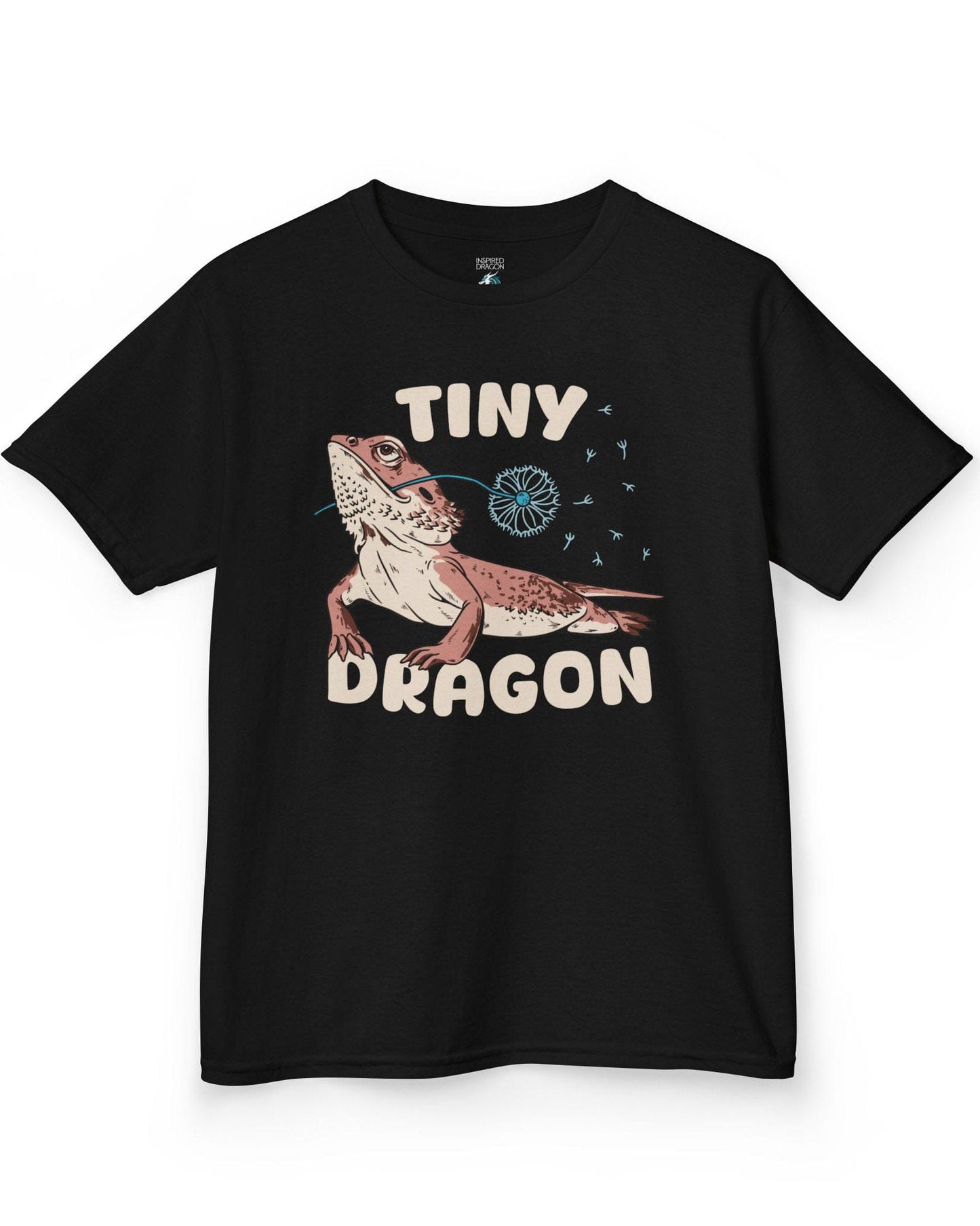 Tiny Dragon shirt in black, featuring puffy text and a bearded dragon holding a dandelion in its mouth.
