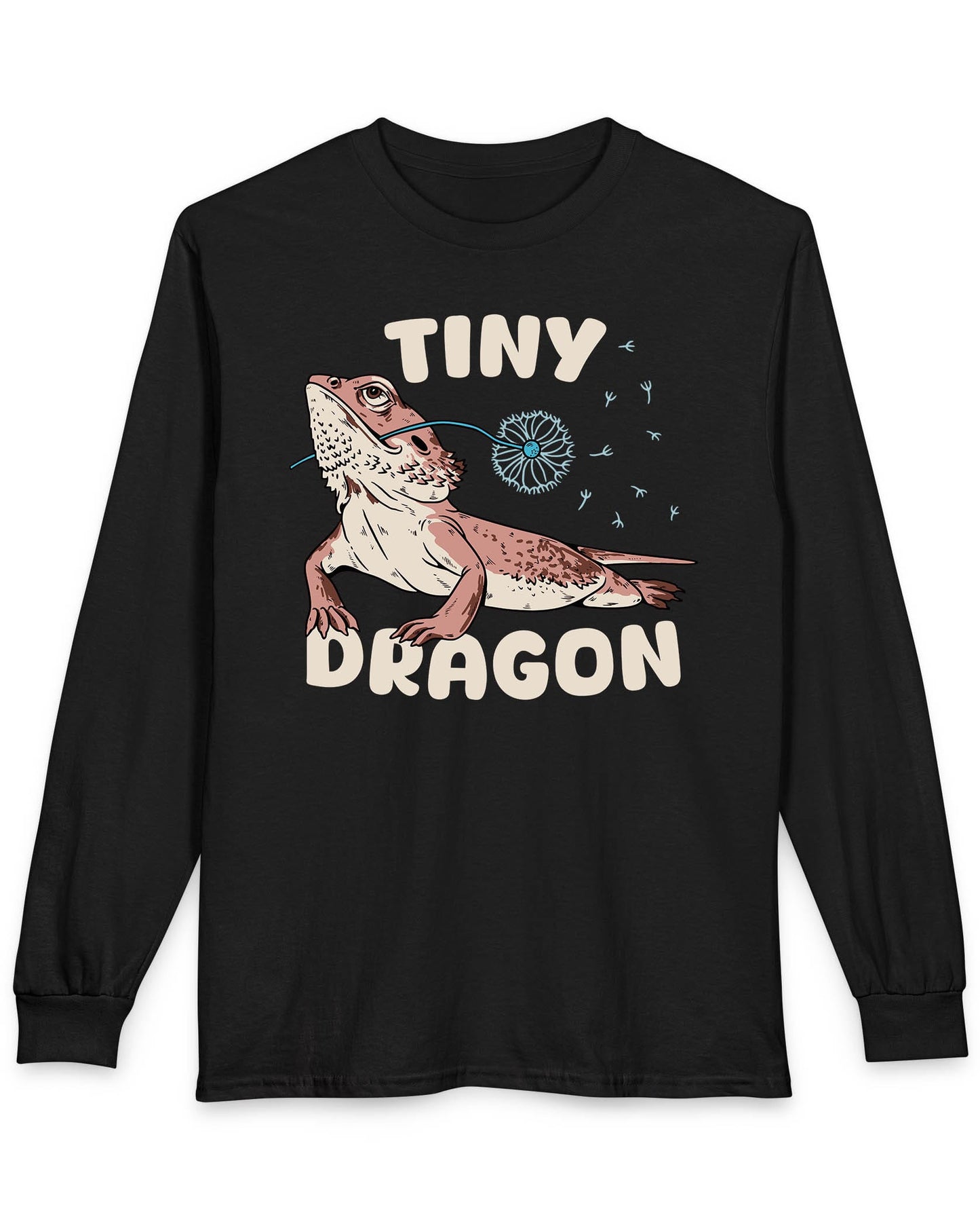 Tiny Dragon shirt in black featuring puffy text and a bearded dragon holding a dandelion in its mouth