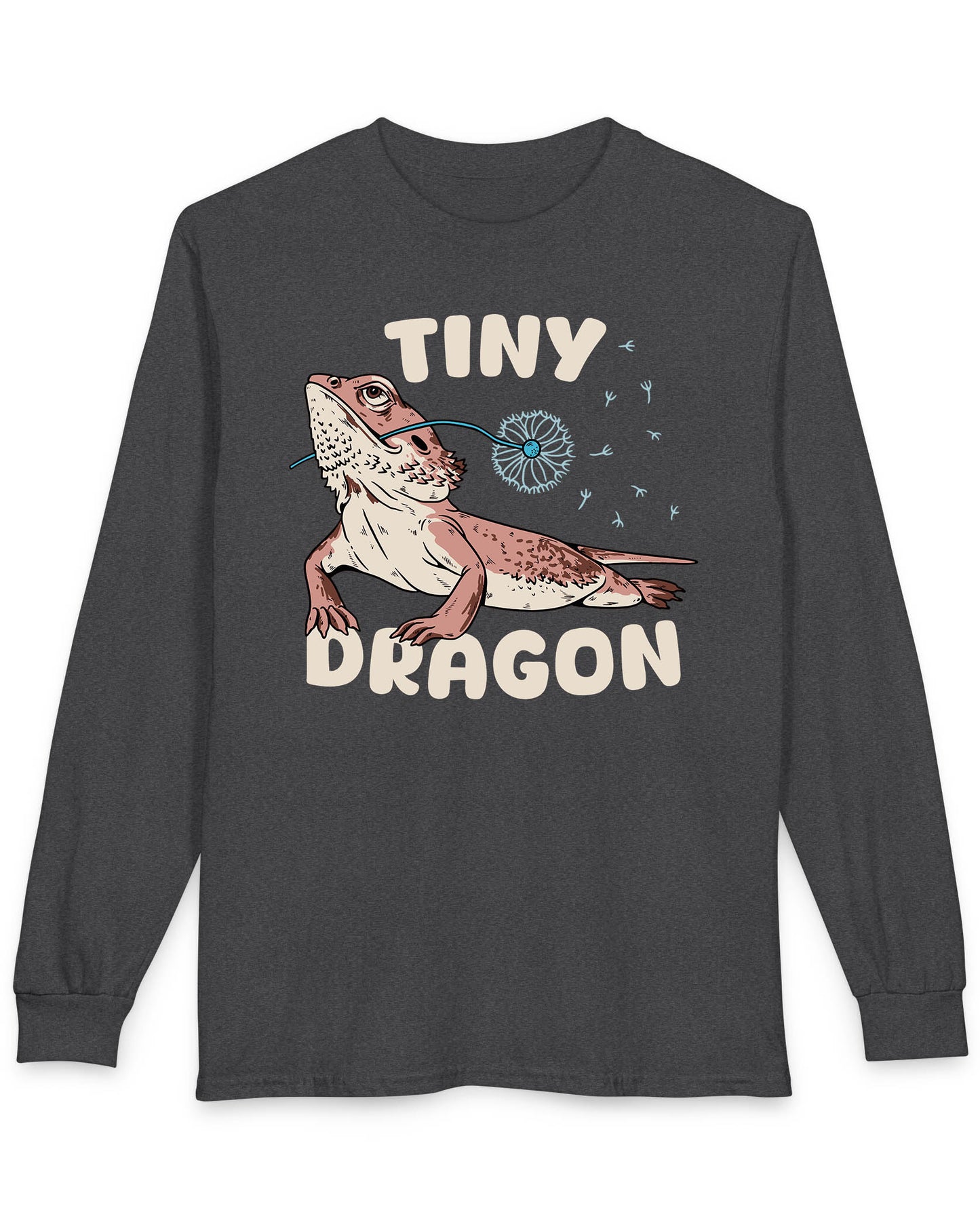 Tiny Dragon shirt in dark heather featuring puffy text and a bearded dragon holding a dandelion in its mouth