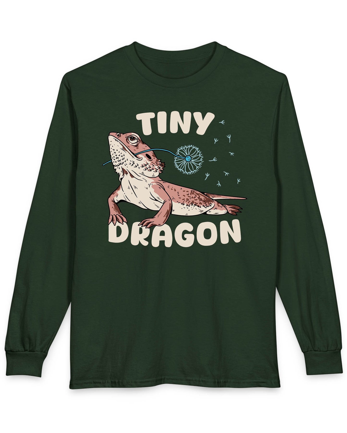 Tiny Dragon shirt in forest green featuring puffy text and a bearded dragon holding a dandelion in its mouth