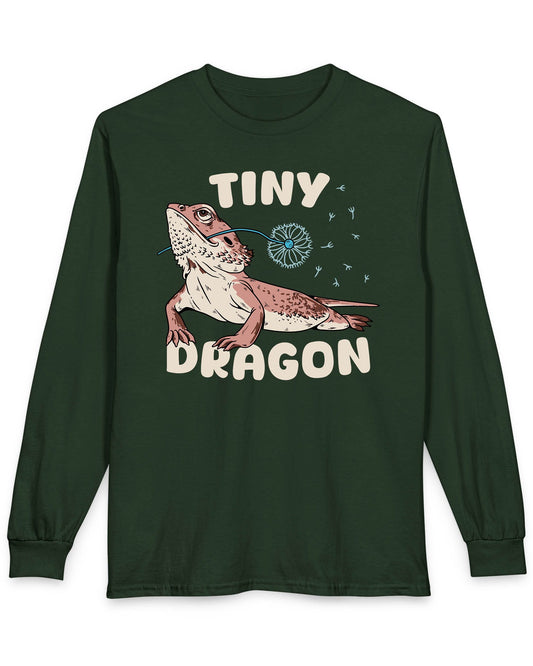 Tiny Dragon shirt in forest green featuring puffy text and a bearded dragon holding a dandelion in its mouth