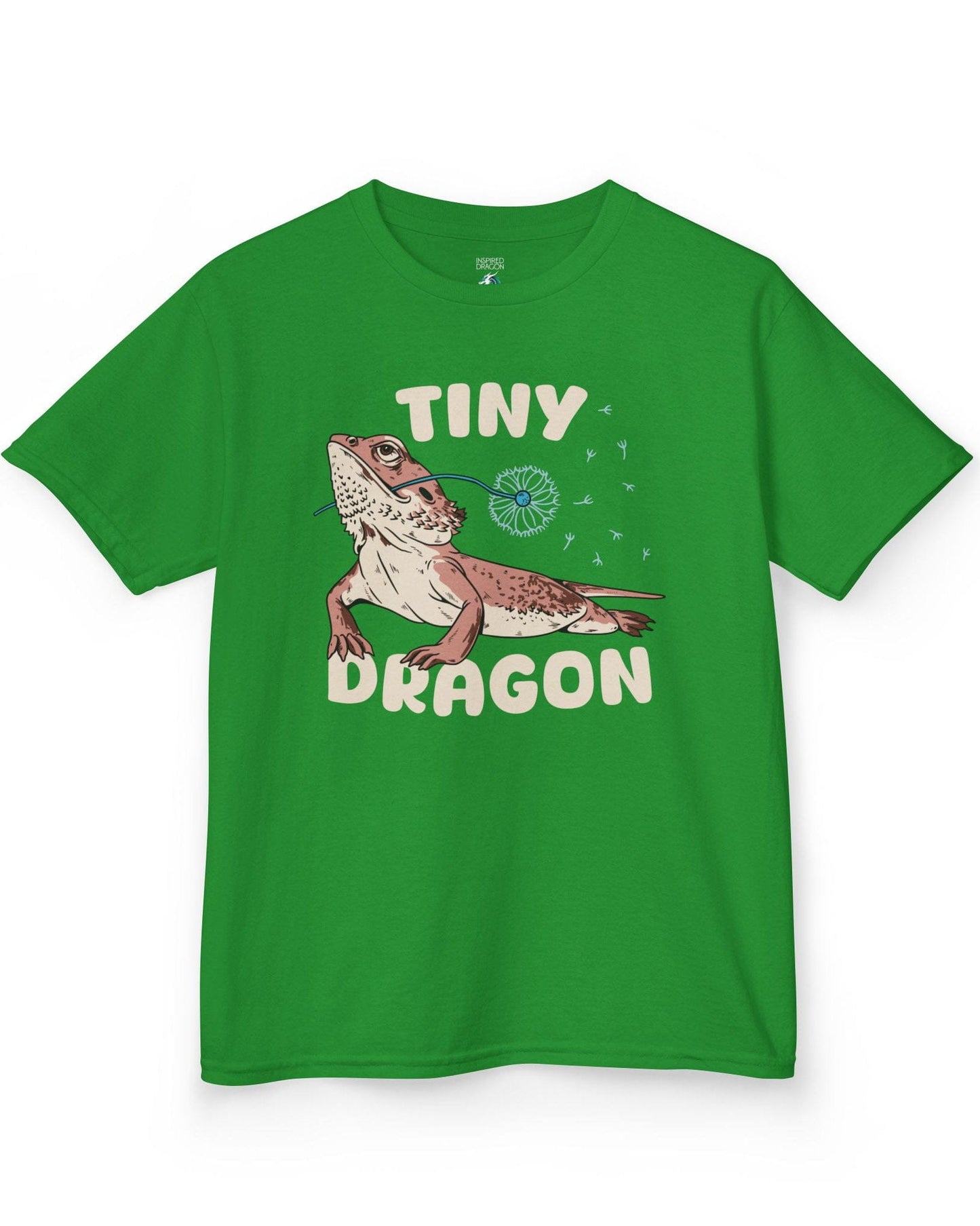 Tiny Dragon shirt in Irish green, featuring puffy text and a bearded dragon holding a dandelion in its mouth.