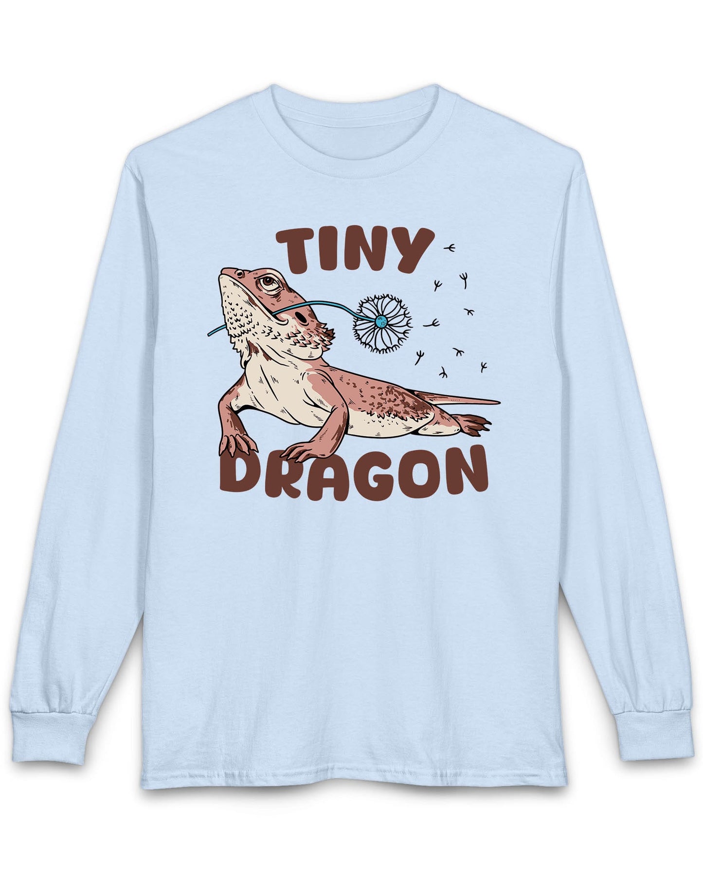 Tiny Dragon shirt in light blue featuring puffy text and a bearded dragon holding a dandelion in its mouth