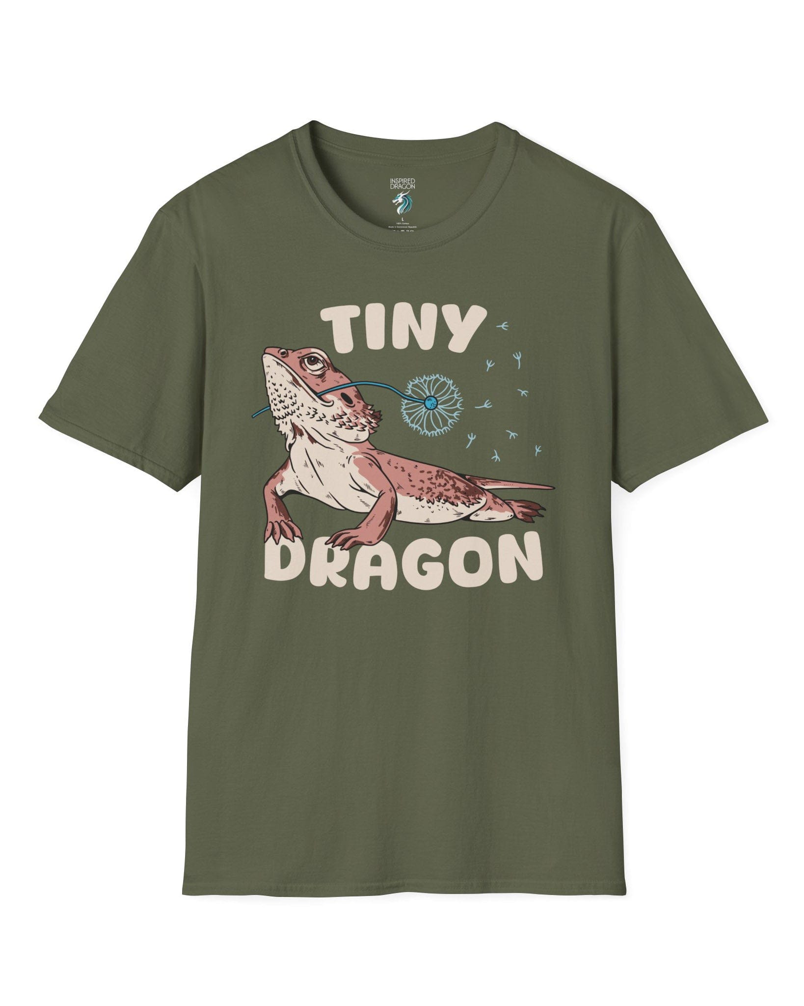 Tiny Dragon shirt in military green, featuring puffy text and a bearded dragon holding a dandelion in its mouth.
