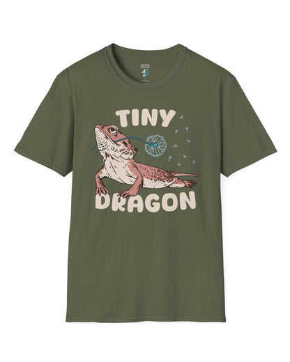 Tiny Dragon shirt in military green, featuring puffy text and a bearded dragon holding a dandelion in its mouth.