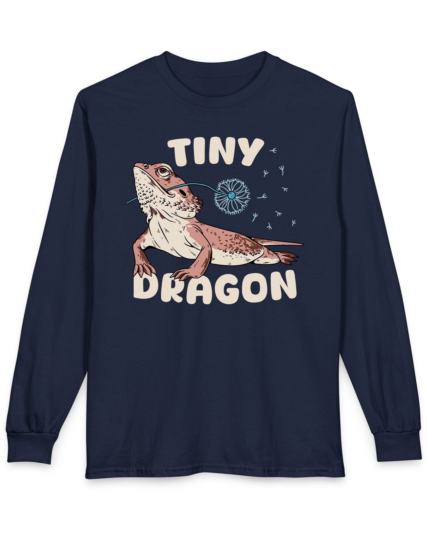 Tiny Dragon shirt in navy featuring puffy text and a bearded dragon holding a dandelion in its mouth