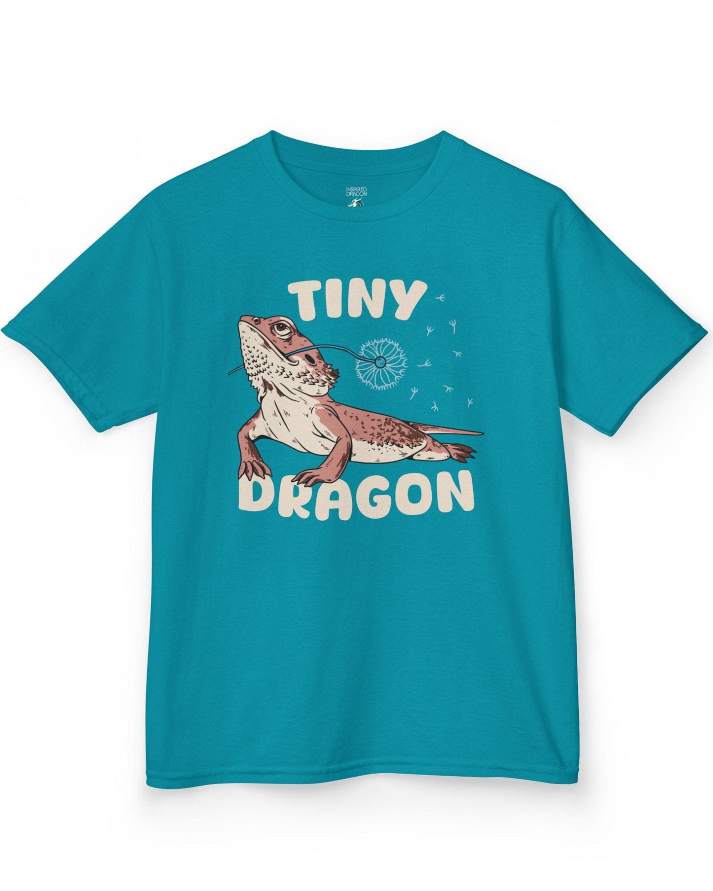Tiny Dragon shirt in tropical blue, featuring puffy text and a bearded dragon holding a dandelion in its mouth.