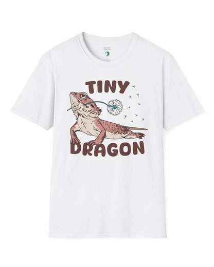 Tiny Dragon shirt in white, featuring puffy text and a bearded dragon holding a dandelion in its mouth.