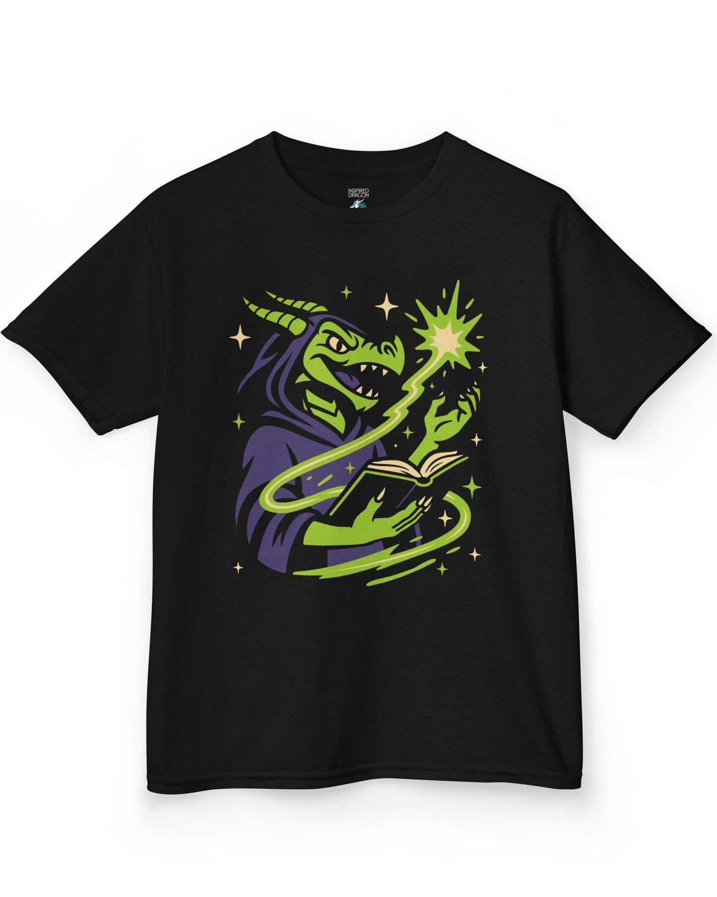 Dragon Wizard shirt in black, featuring a green dragon in purple robes casting a spell from a magical book.