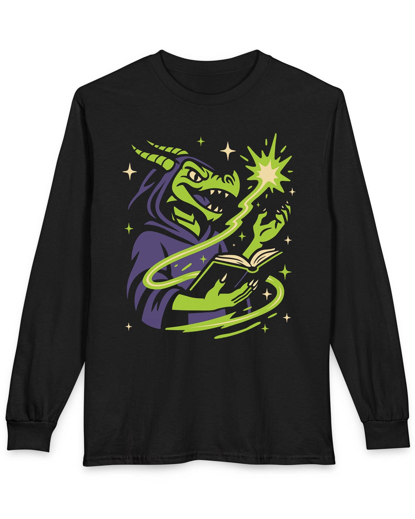 Dragon Wizard shirt in black featuring a green dragon in purple robes casting a spell from a magical book