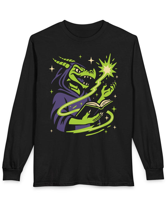 Dragon Wizard shirt in black featuring a green dragon in purple robes casting a spell from a magical book