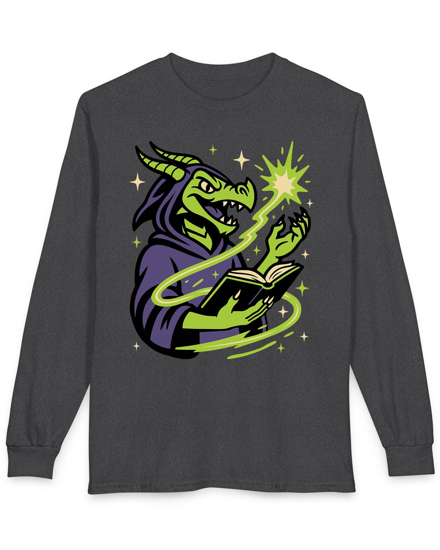 Dragon Wizard shirt in dark heather featuring a green dragon in purple robes casting a spell from a magical book
