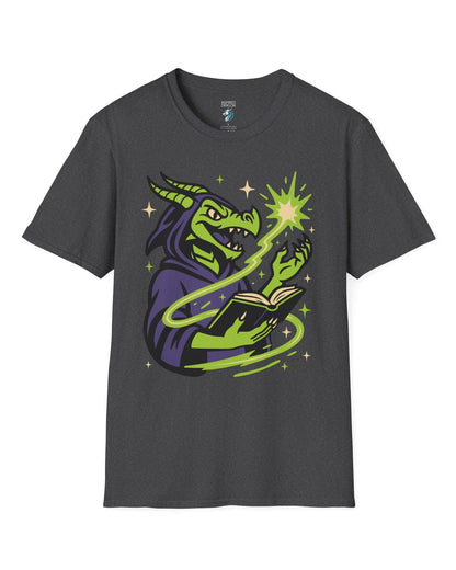 Dragon Wizard shirt in dark heather grey, featuring a green dragon in purple robes casting a spell from a magical book.