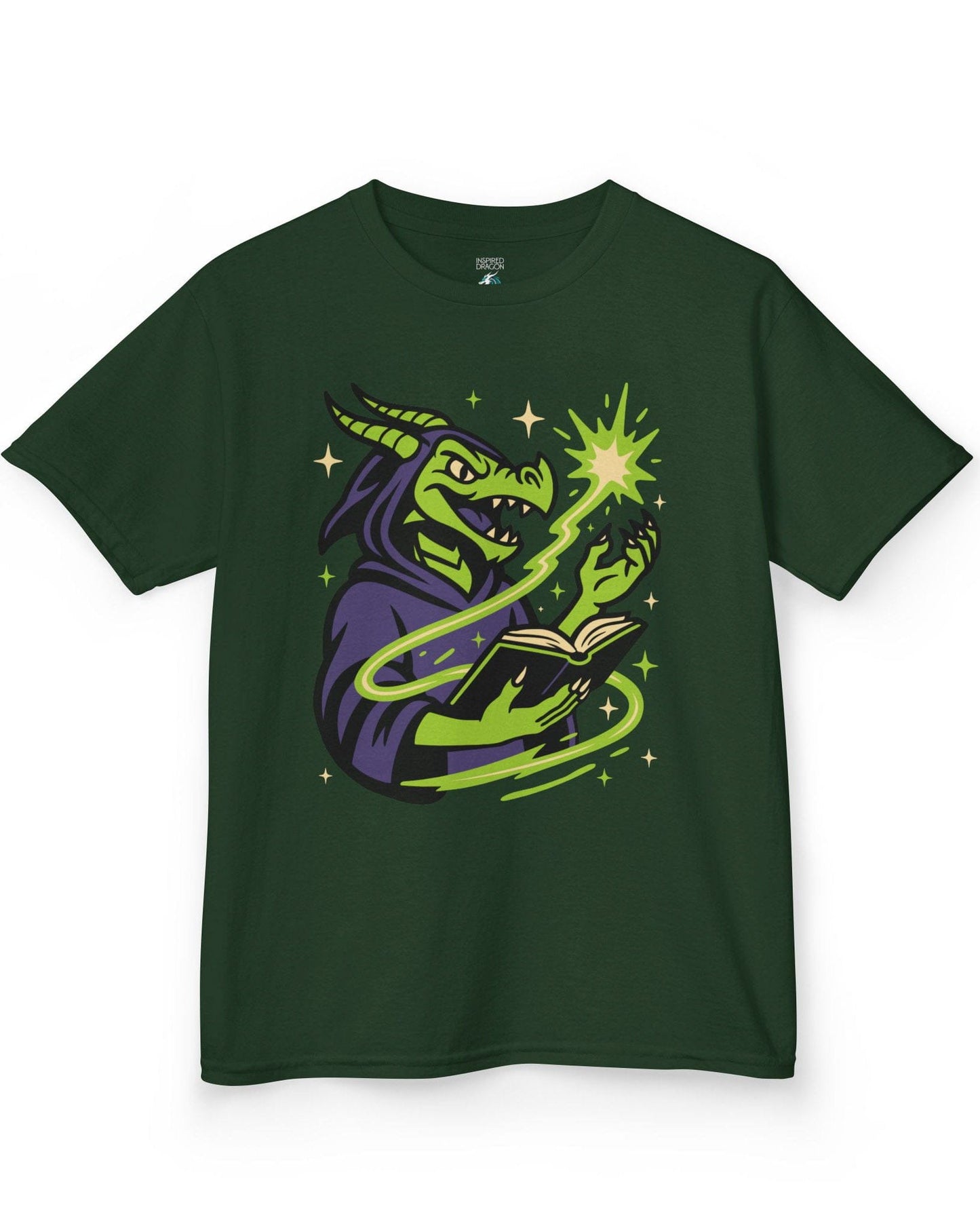 Dragon Wizard shirt in forest green, featuring a green dragon in purple robes casting a spell from a magical book.