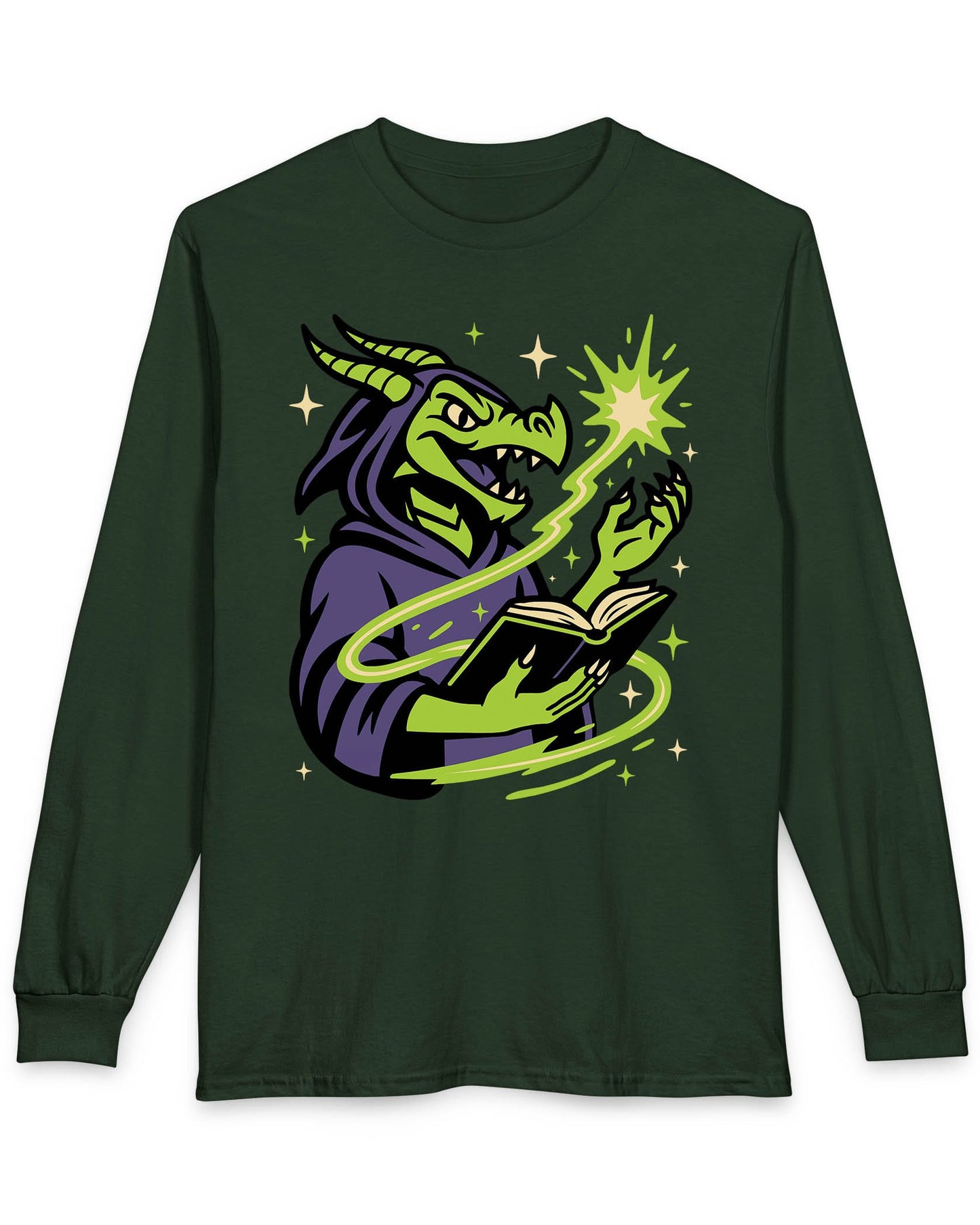 Dragon Wizard shirt in forest green featuring a green dragon in purple robes casting a spell from a magical book