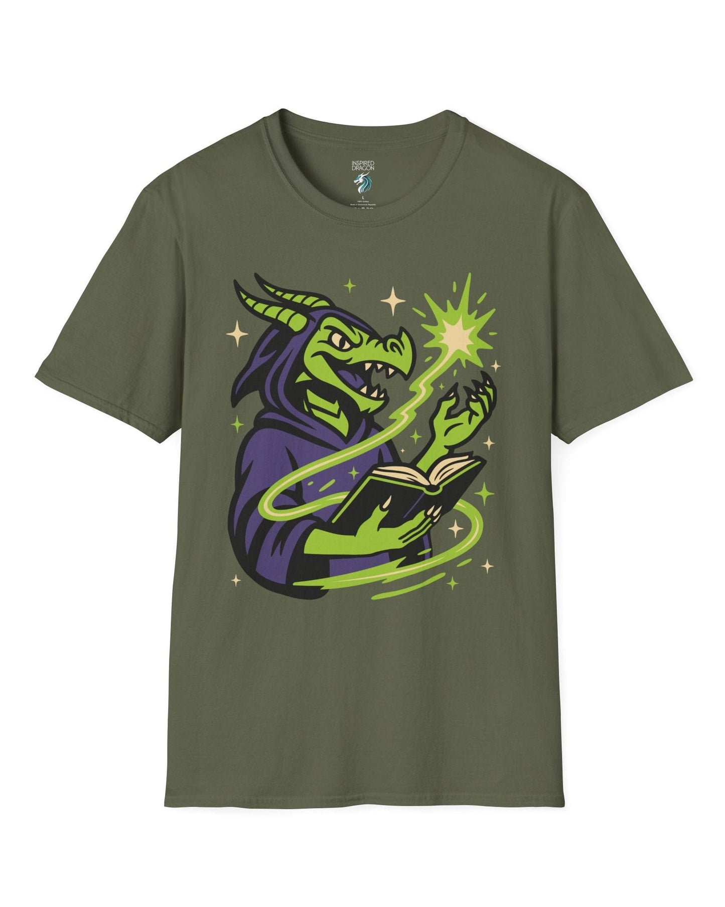 Dragon Wizard shirt in military green, featuring a green dragon in purple robes casting a spell from a magical book.