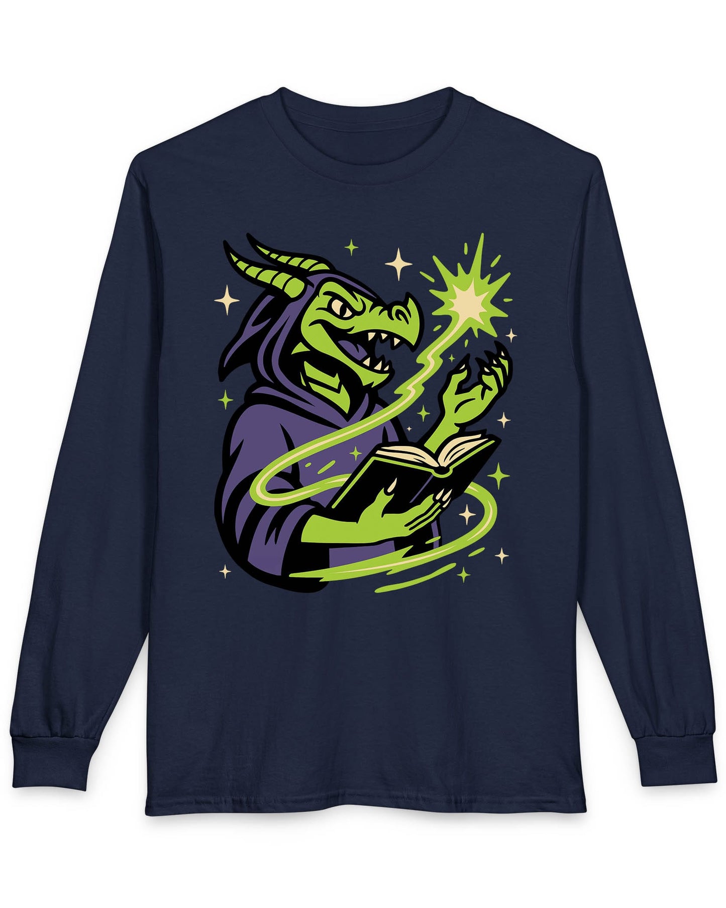 Dragon Wizard shirt in navy featuring a green dragon in purple robes casting a spell from a magical book