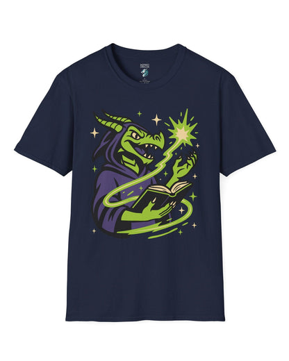 Dragon Wizard shirt in navy, featuring a green dragon in purple robes casting a spell from a magical book.