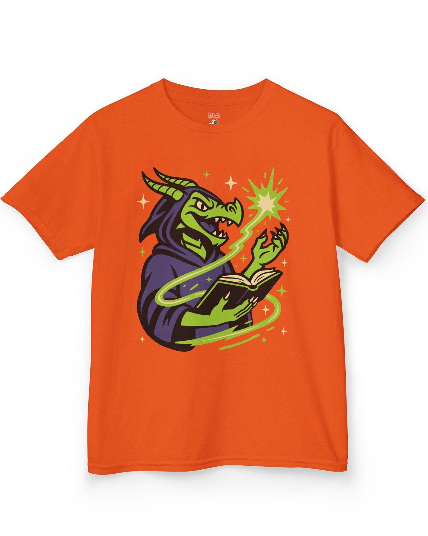 Dragon Wizard shirt in orange, featuring a green dragon in purple robes casting a spell from a magical book.