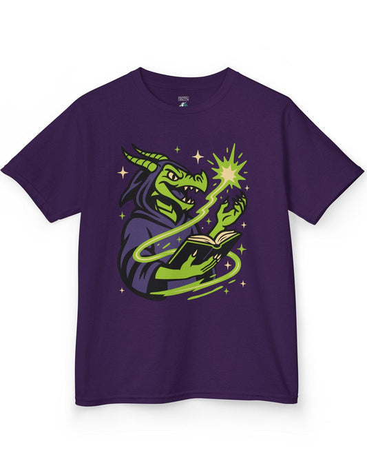 Dragon Wizard shirt in purple, featuring a green dragon in purple robes casting a spell from a magical book.