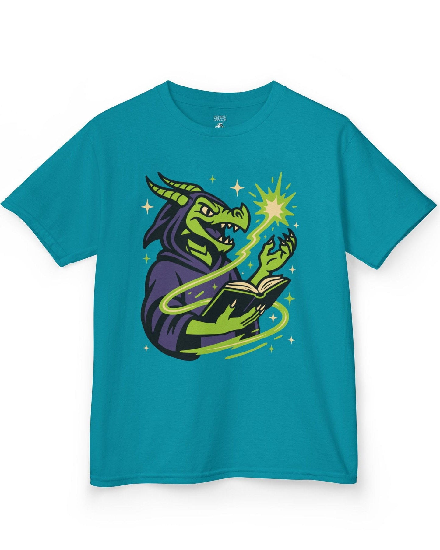 Dragon Wizard shirt in tropical blue, featuring a green dragon in purple robes casting a spell from a magical book.