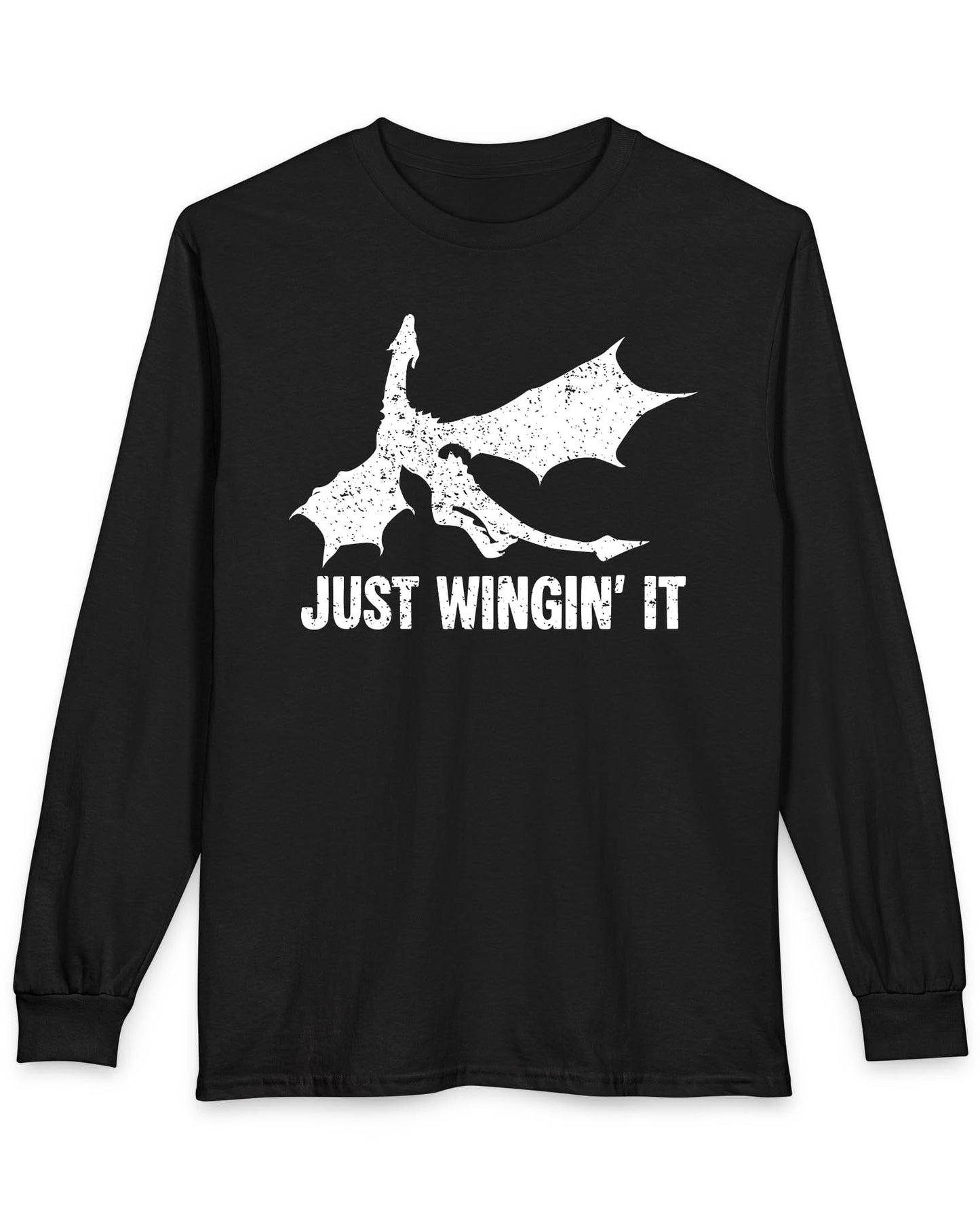 Just Wingin' It shirt in black featuring a distressed silhouette of a flying dragon above bold text