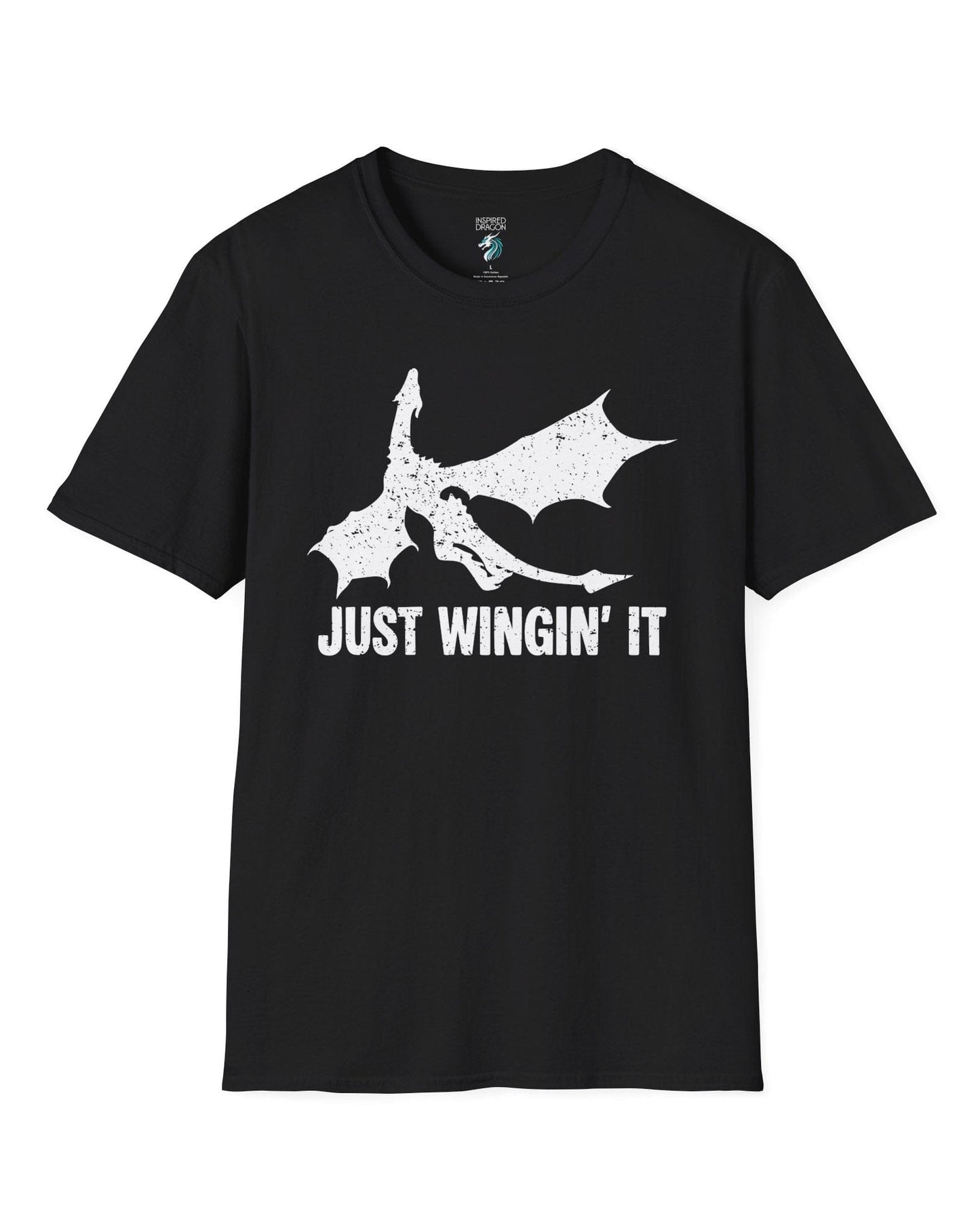 Just Wingin' It shirt in black, featuring a distressed silhouette of a flying dragon above bold text.