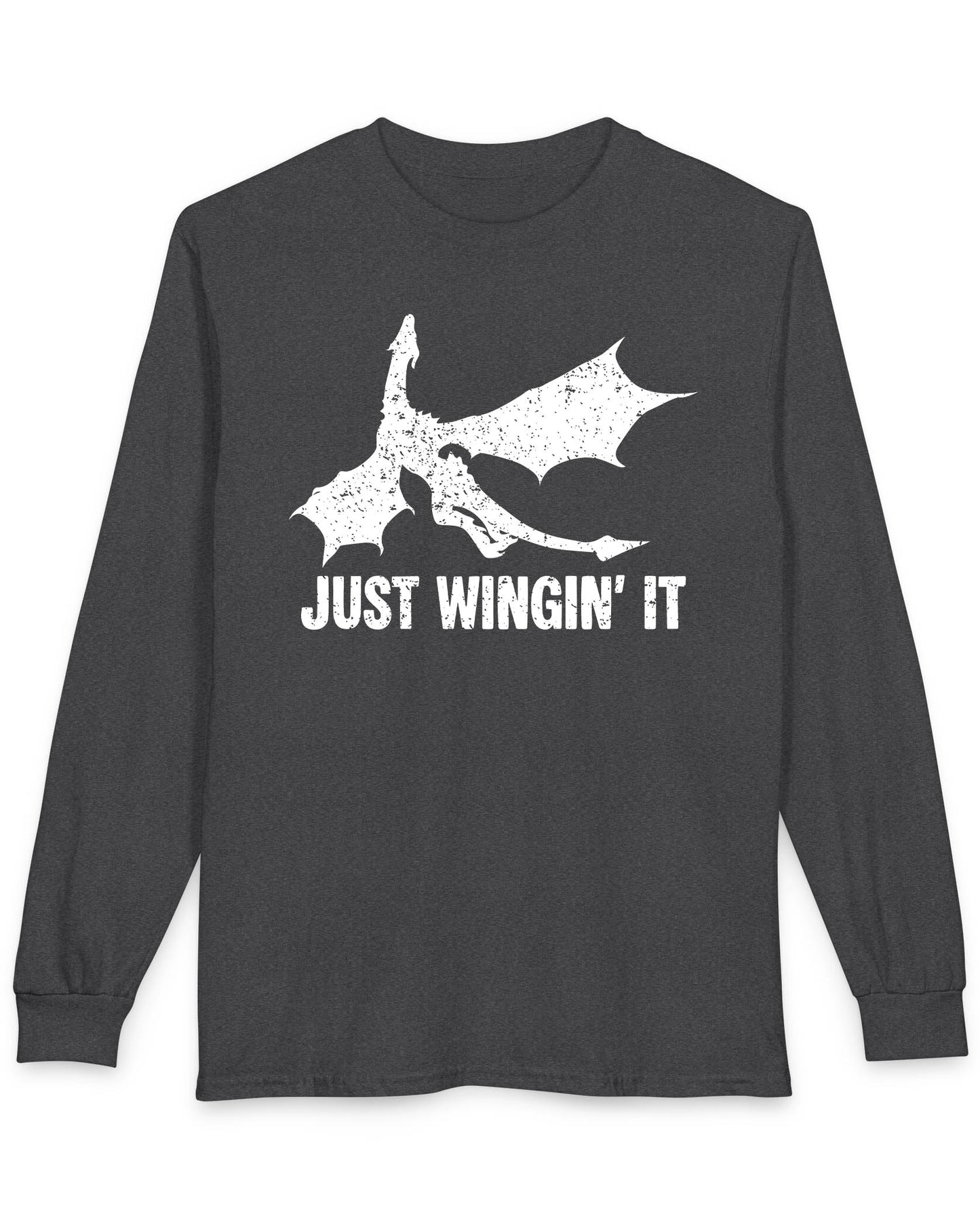Just Wingin' It shirt in dark heather featuring a distressed silhouette of a flying dragon above bold text