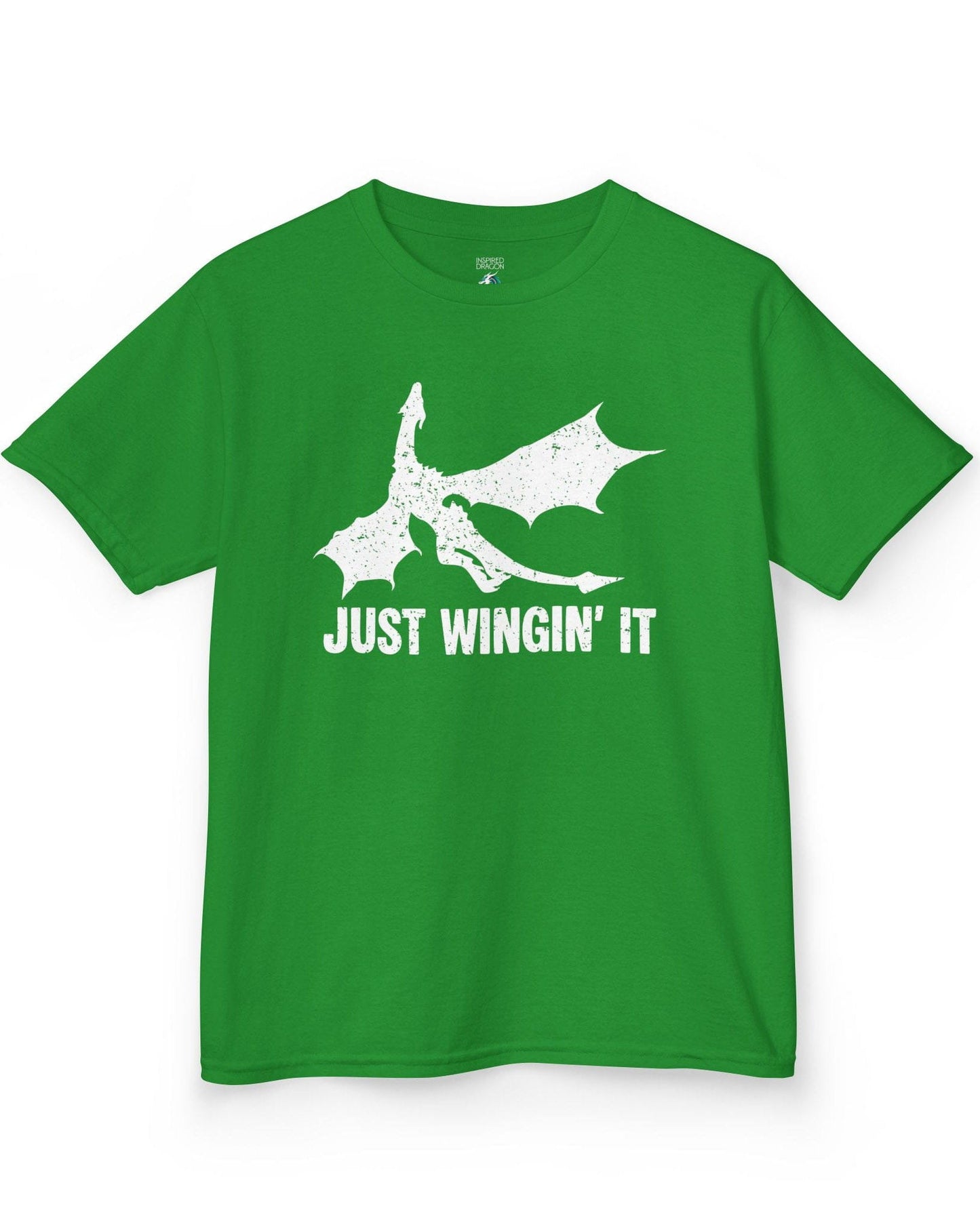 Just Wingin' It shirt in Irish green, featuring a distressed silhouette of a flying dragon above bold text.