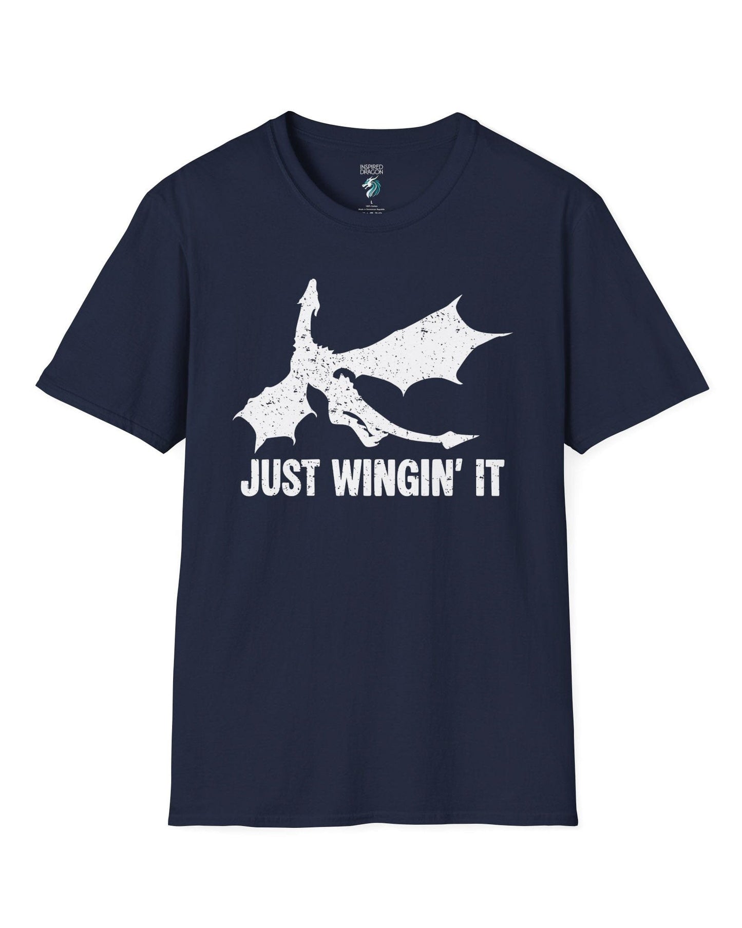 Just Wingin' It shirt in navy, featuring a distressed silhouette of a flying dragon above bold text.
