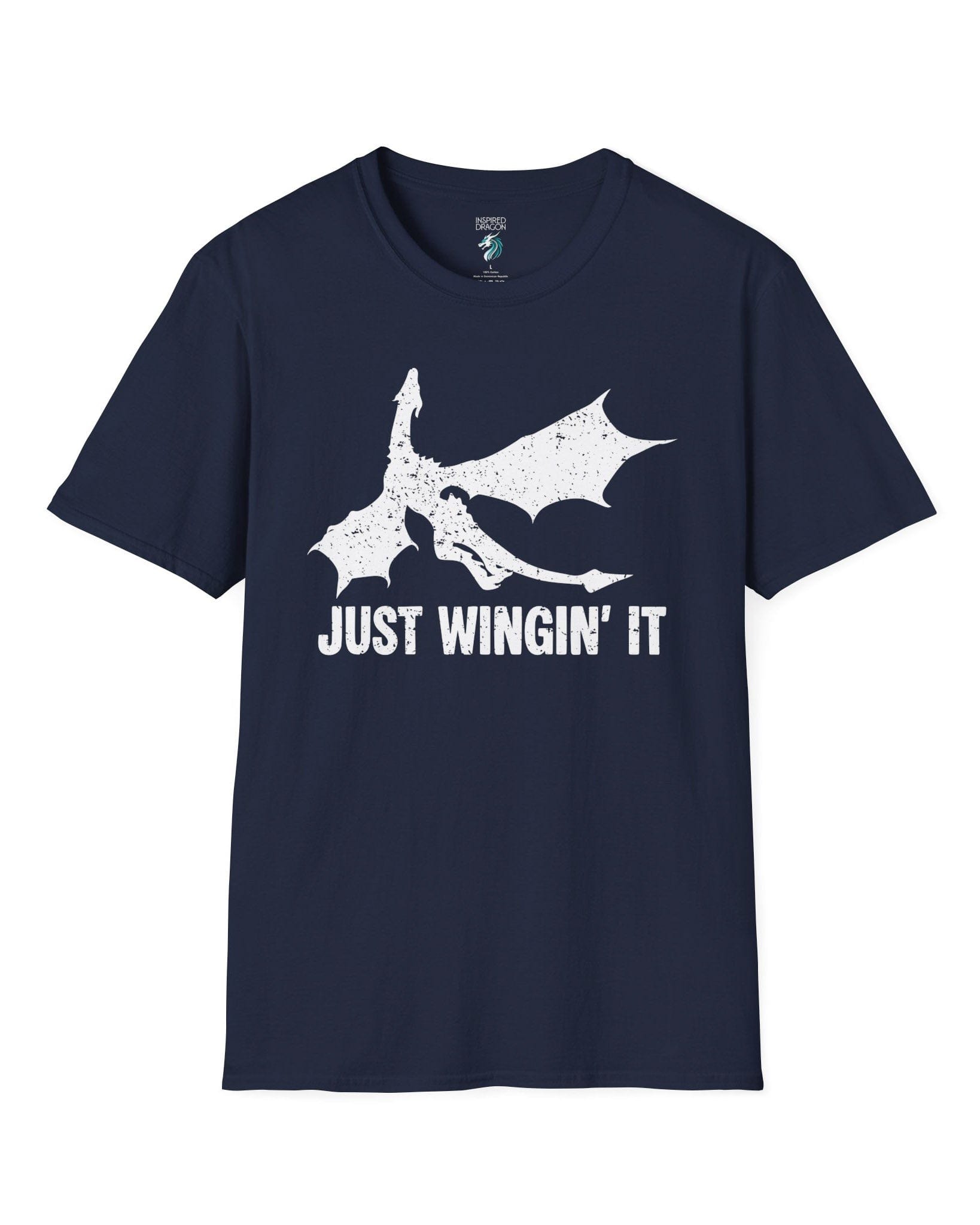 Just Wingin' It shirt in navy, featuring a distressed silhouette of a flying dragon above bold text.