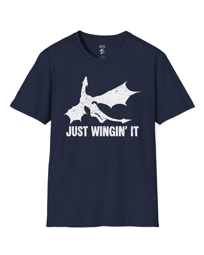 Just Wingin' It shirt in navy, featuring a distressed silhouette of a flying dragon above bold text.