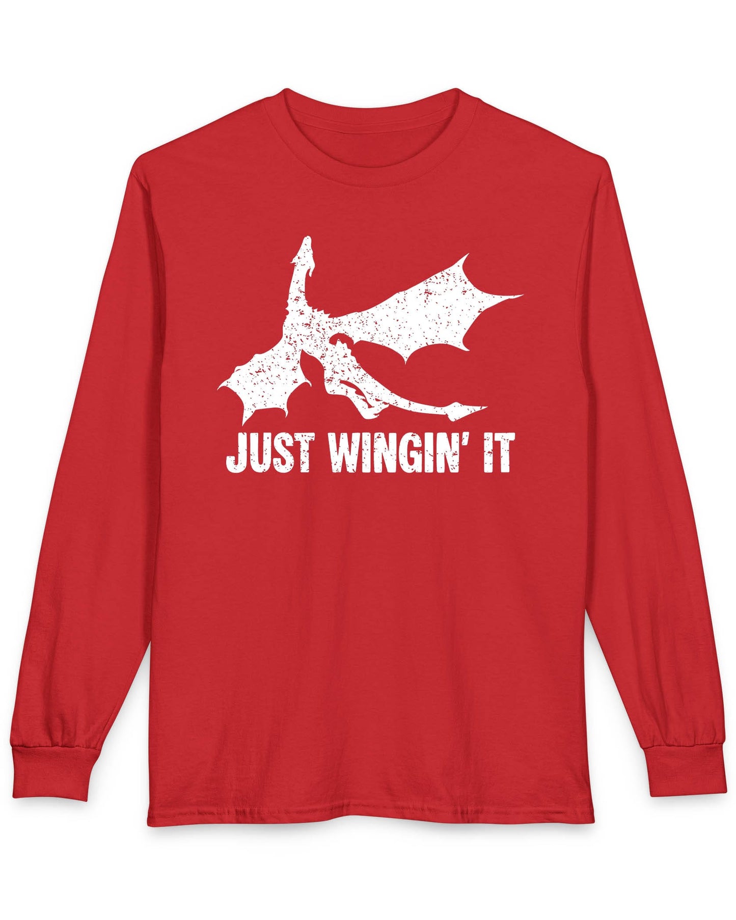 Just Wingin' It shirt in red featuring a distressed silhouette of a flying dragon above bold text