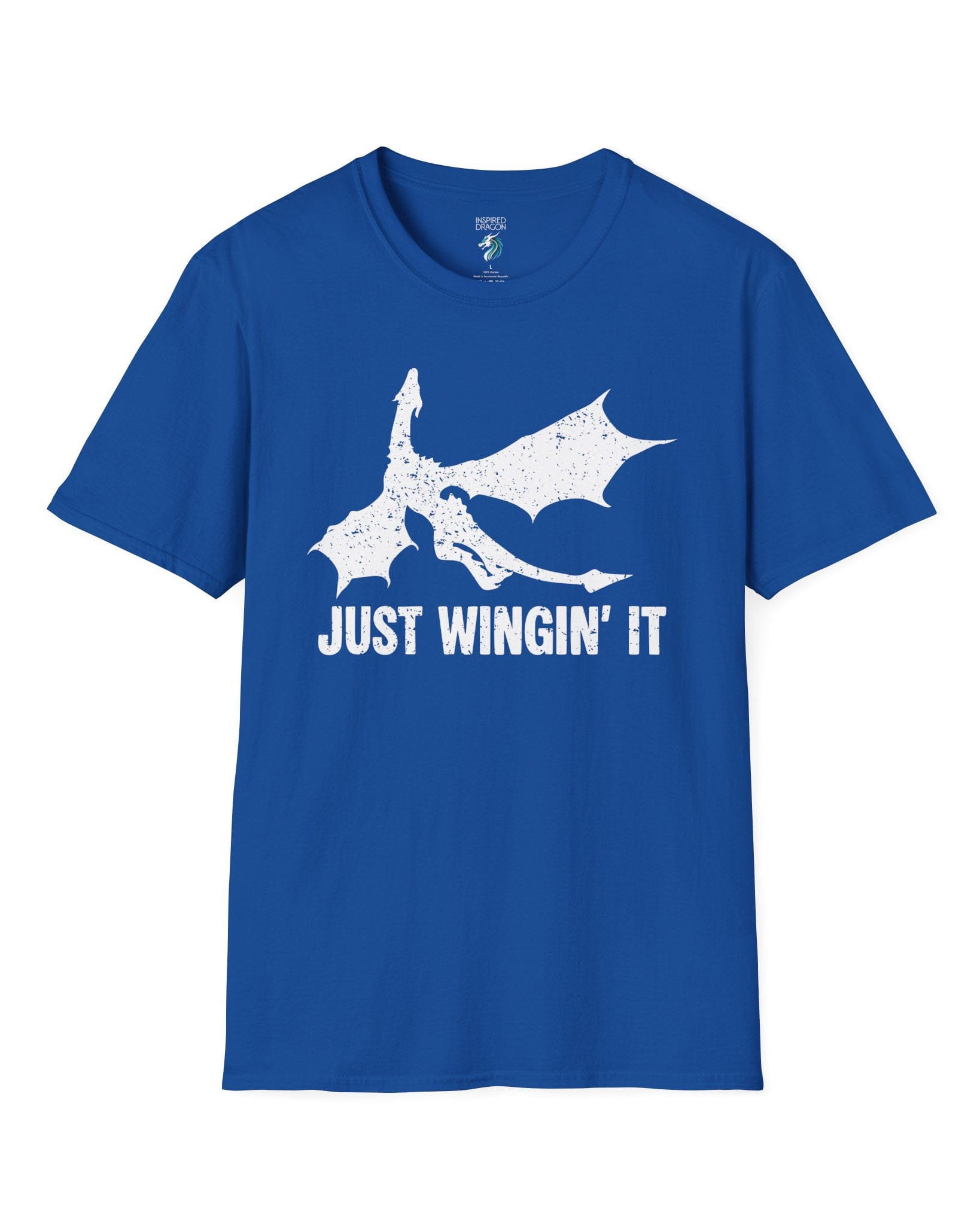Just Wingin' It shirt in royal blue, featuring a distressed silhouette of a flying dragon above bold text.