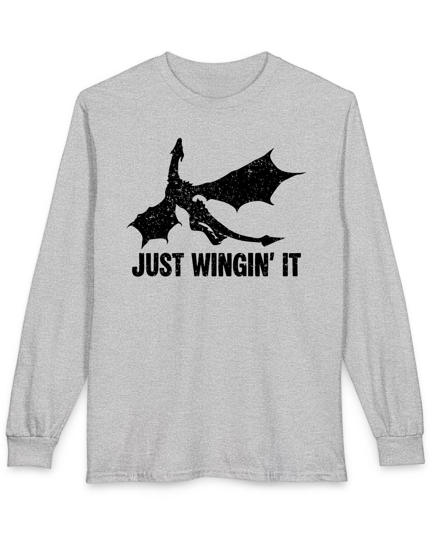 Just Wingin' It shirt in sport grey featuring a distressed silhouette of a flying dragon above bold text