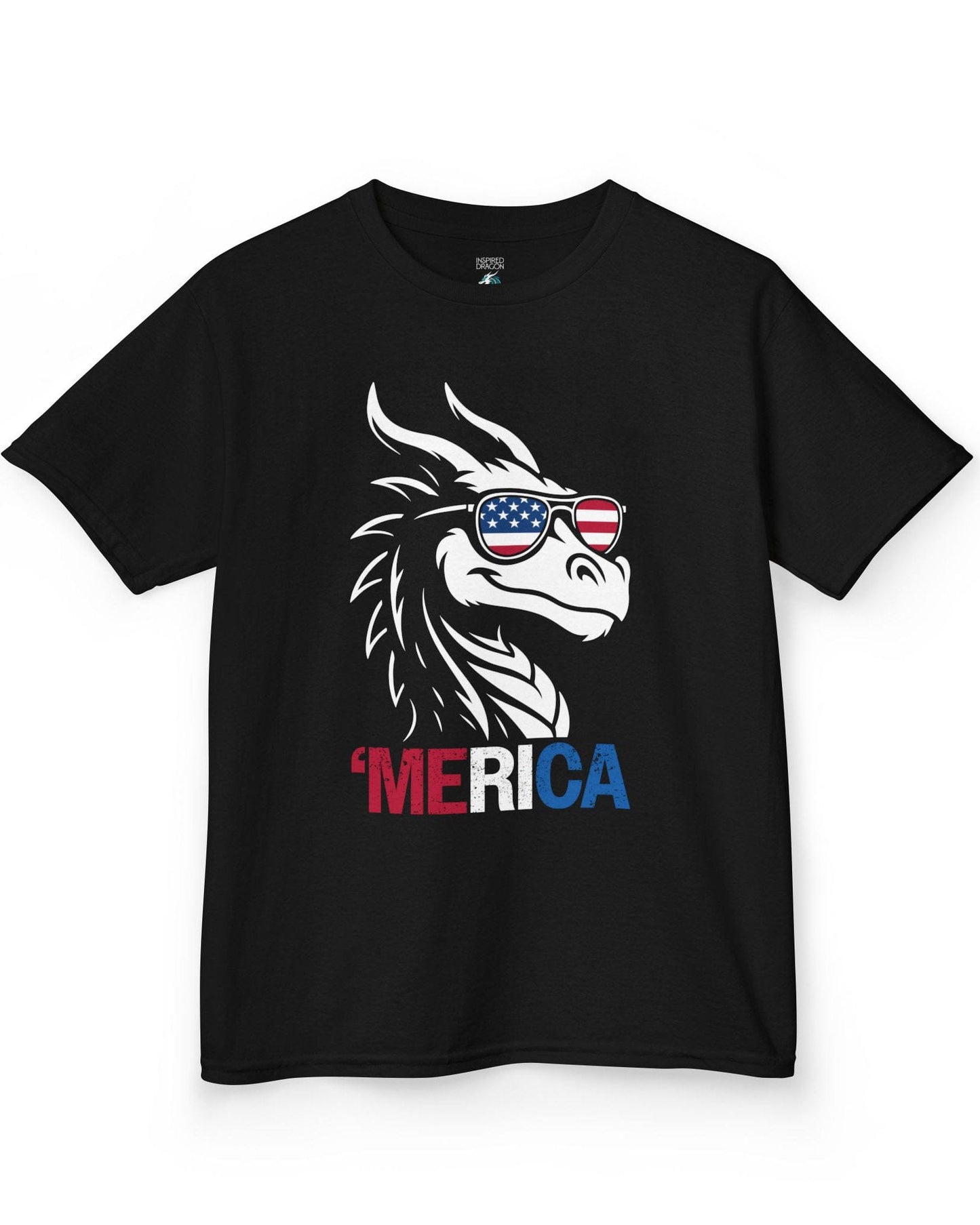 'Merica shirt in black, featuring a dragon in American flag sunglasses and patriotic red, white, and blue text.