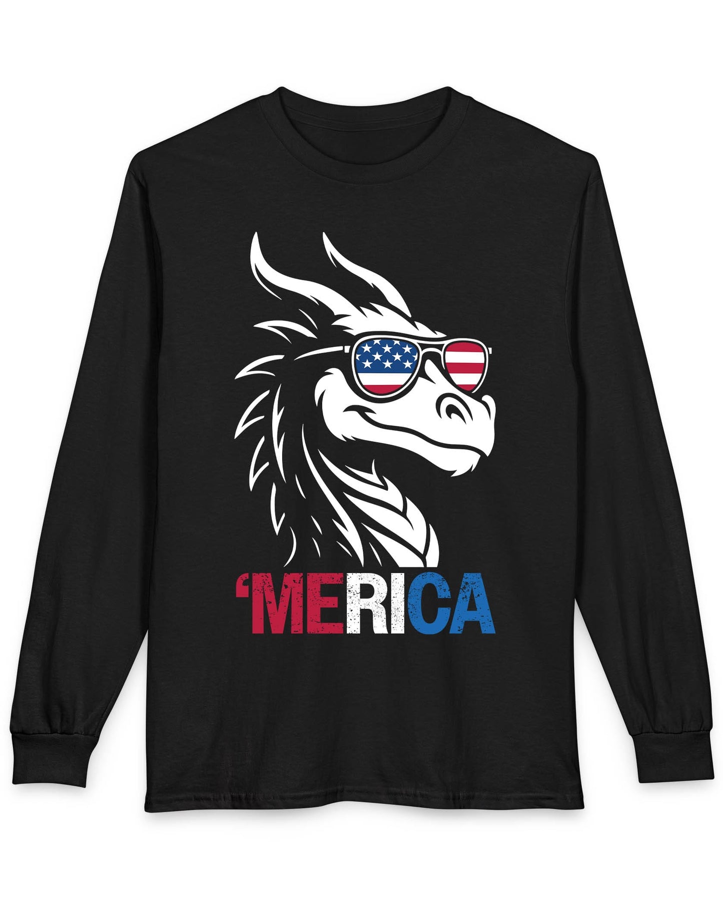 'Merica shirt in black featuring a dragon in American flag sunglasses and patriotic red, white, and blue text