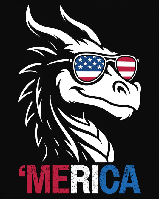 'Merica shirt in black, featuring a dragon in American flag sunglasses and patriotic red, white, and blue text.